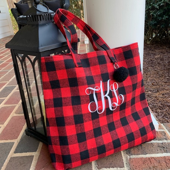 Monogram Red & black buffalo check purse, tote bag - Picture 4 of 8